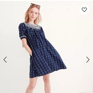 Madewell embroidered puff sleeve babydoll dress in indigo plaid